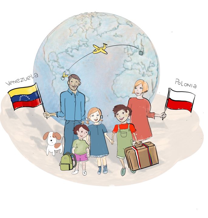 Ilustracja do audiobajki: rodzina z flagami Wenezueli i Polski przed globusem